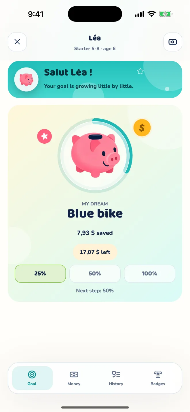 TinyTirelire child view screenshot showing goal progress.