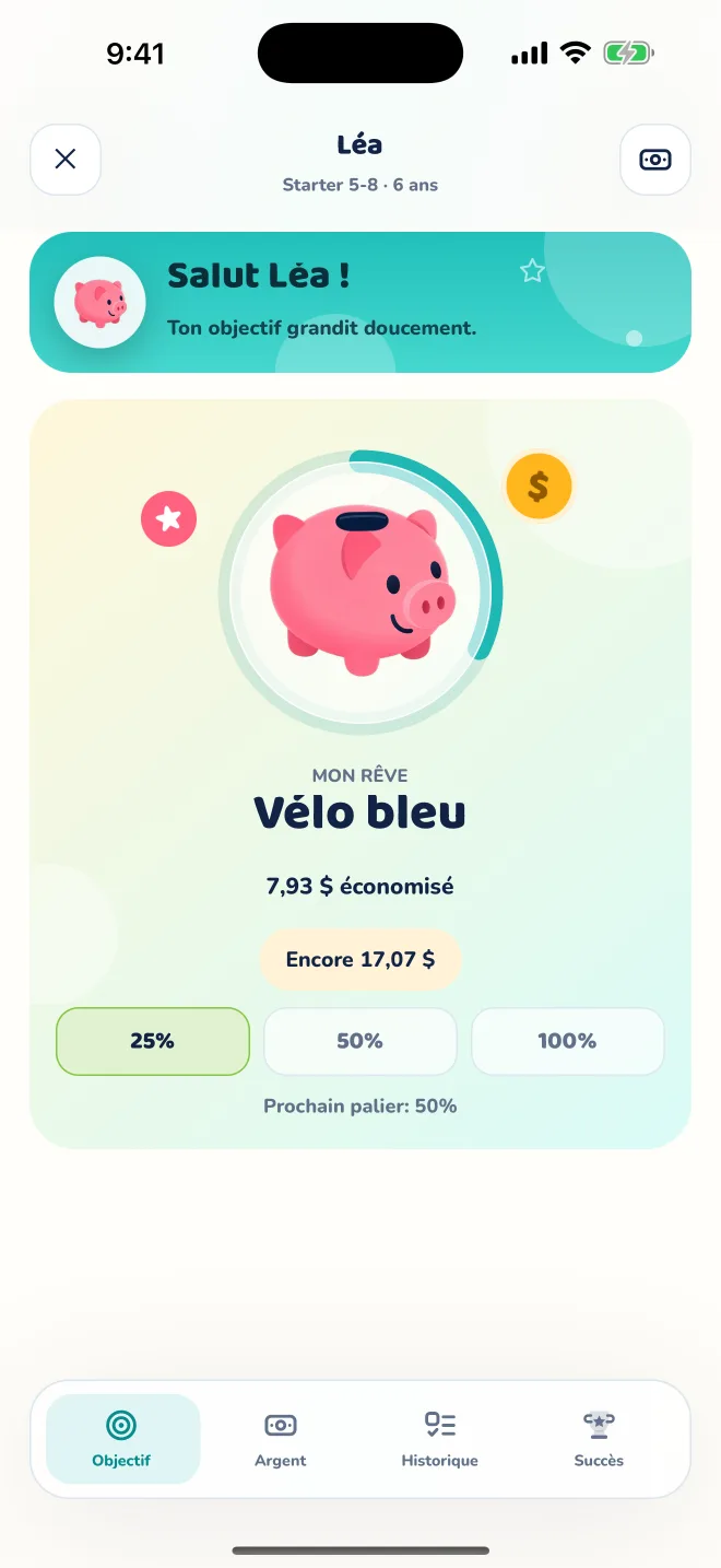 Capture de la vue enfant TinyTirelire avec la progression d'un objectif.
