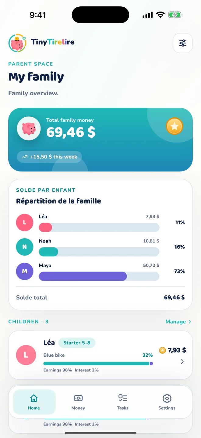TinyTirelire parent view screenshot showing the family balance.