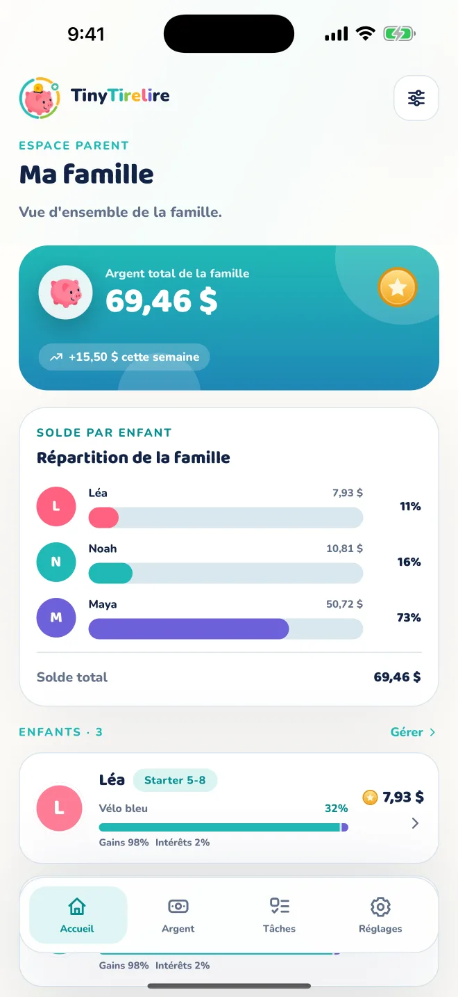 Capture de l'espace parent TinyTirelire avec le solde familial.